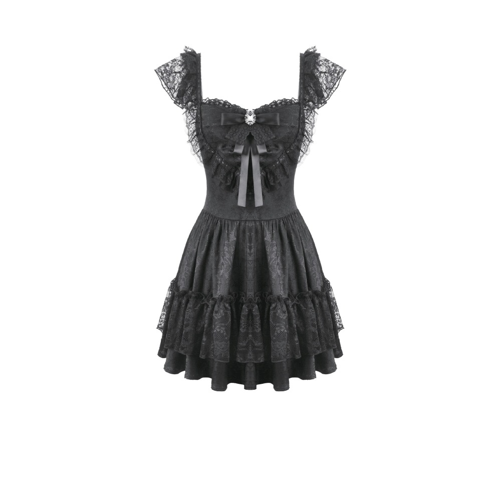 Dark in Love - Gothic Lolita Jacquard Lace FlutterSleeve Cake Mini dress - Black